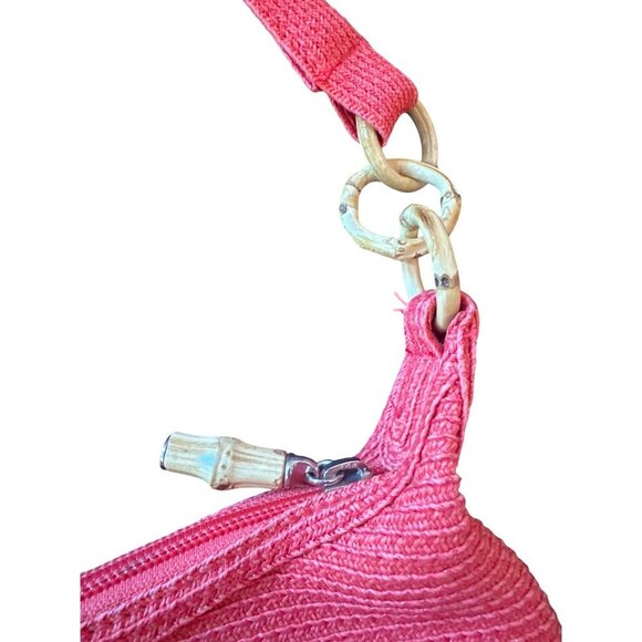 Talbots Red Straw Handbag With Bamboo Accents & Floral Lining - Picture 3 of 5
